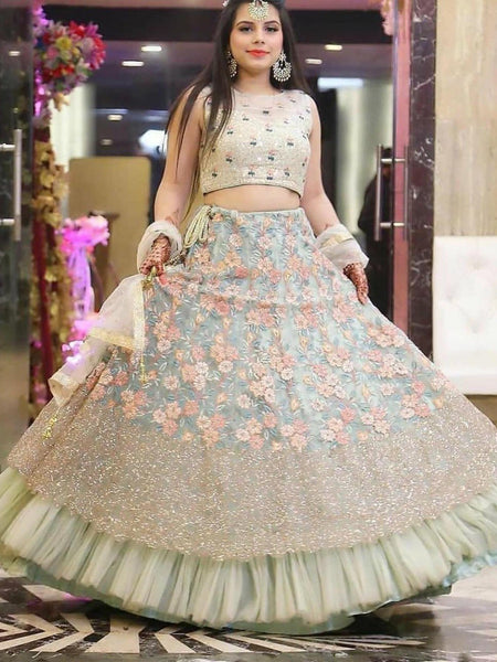 Pista Color Designer Sequins Embroidery Work Net Lehenga Choli