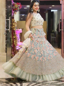Pista Color Designer Sequins Embroidery Work Net Lehenga Choli