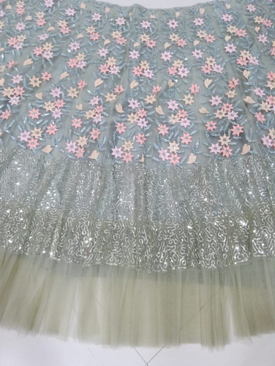 Pista Color Designer Sequins Embroidery Work Net Lehenga Choli