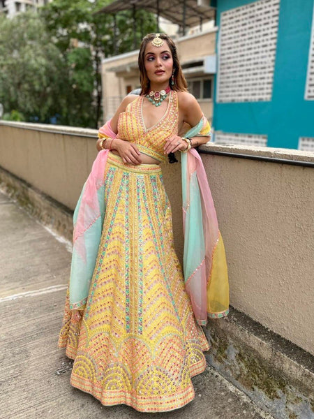 Yellow Color Wedding Wear Zari Sequins Embroidery Work Lehenga Choli