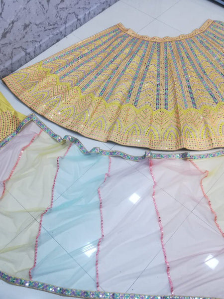 Yellow Color Wedding Wear Zari Sequins Embroidery Work Lehenga Choli