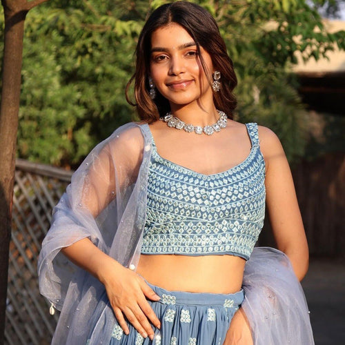 Blue Color Sequins with Thread Embroidery Work Designer Lehenga Choli
