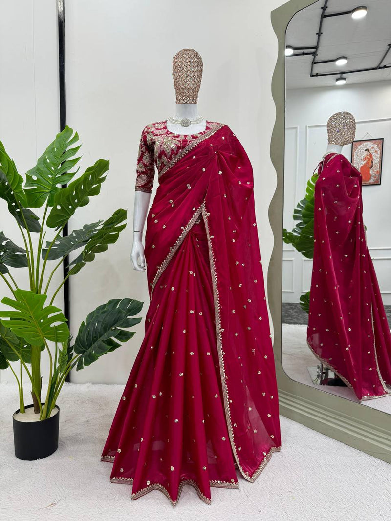 Red Color Sequence Work Jimmy Chu Designer Saree