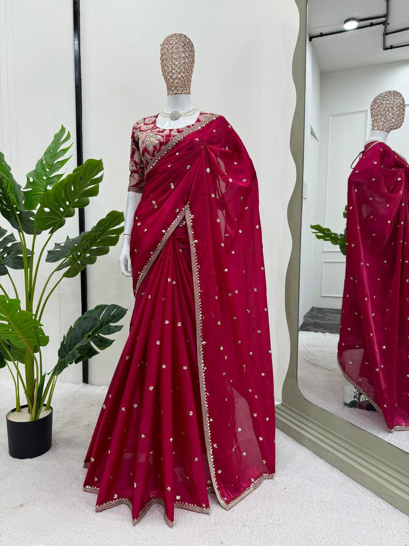 Red Color Sequence Work Jimmy Chu Designer Saree