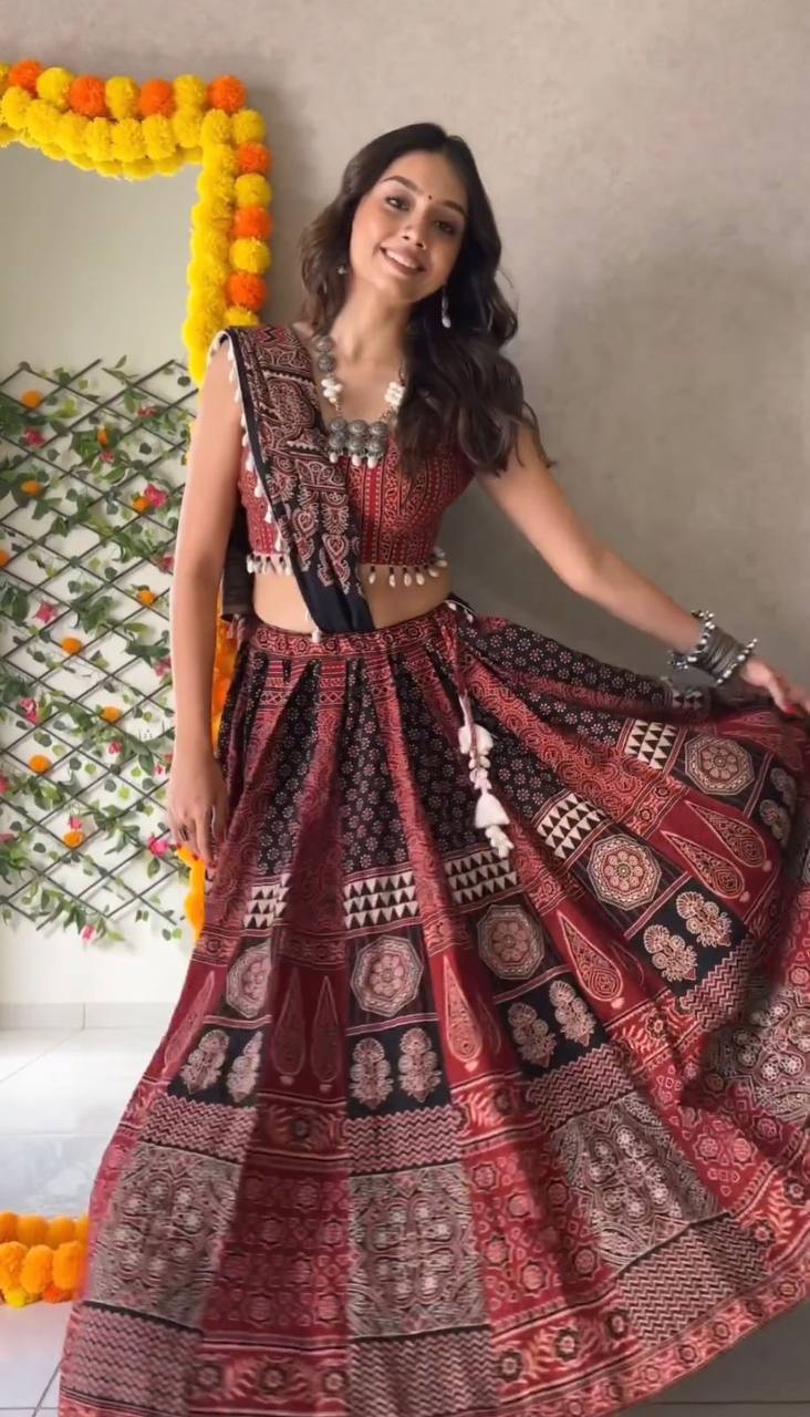 Multi Color Premium Rayon Ajark Print Lehenga Choli Set