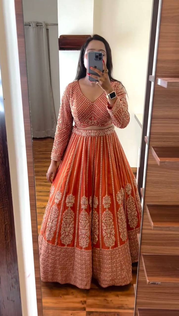 Orange Color Heavy Sequins Work Designer Trendy Lehenga Choli