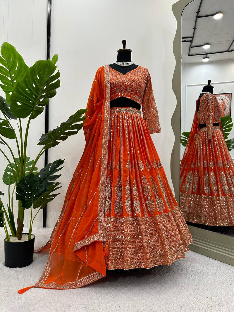 Orange Color Heavy Sequins Work Designer Trendy Lehenga Choli