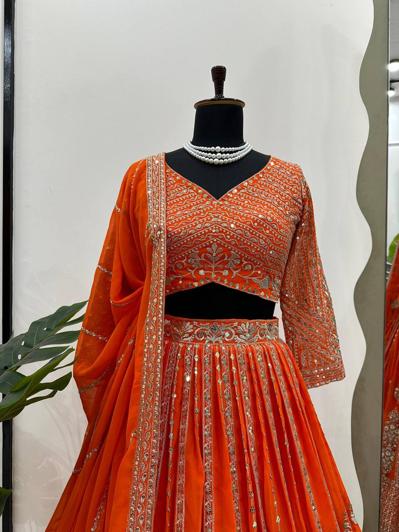 Orange Color Heavy Sequins Work Designer Trendy Lehenga Choli