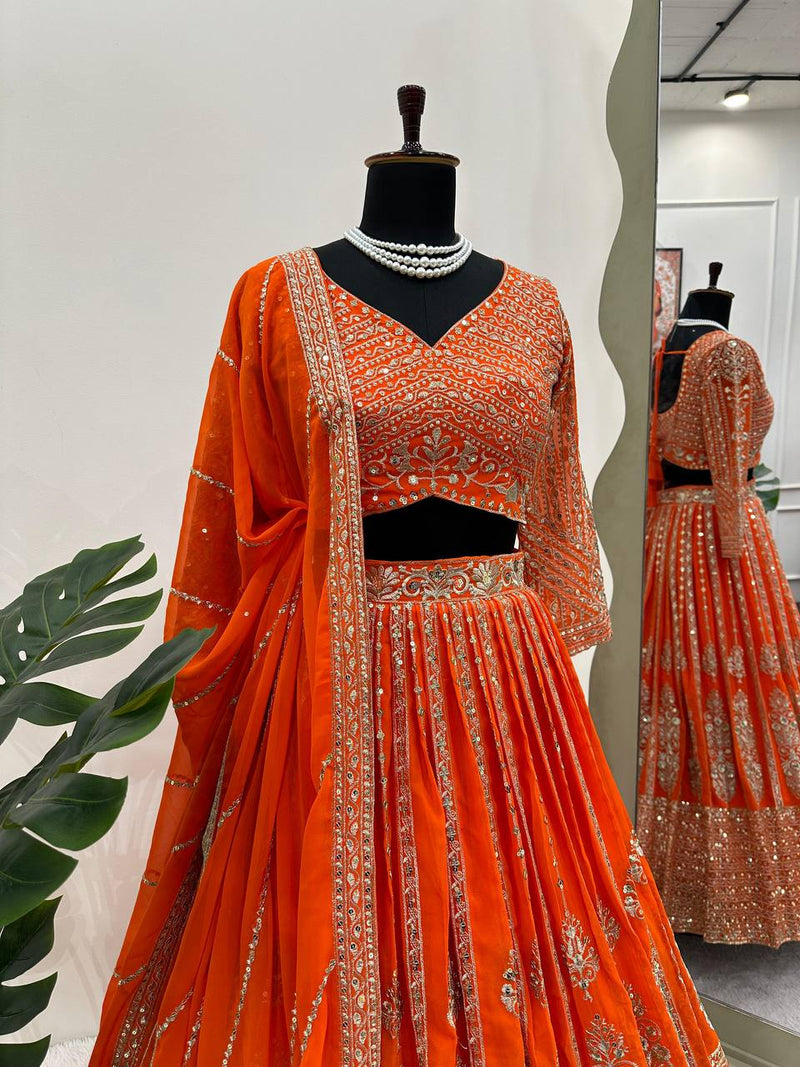 Orange Color Heavy Sequins Work Designer Trendy Lehenga Choli