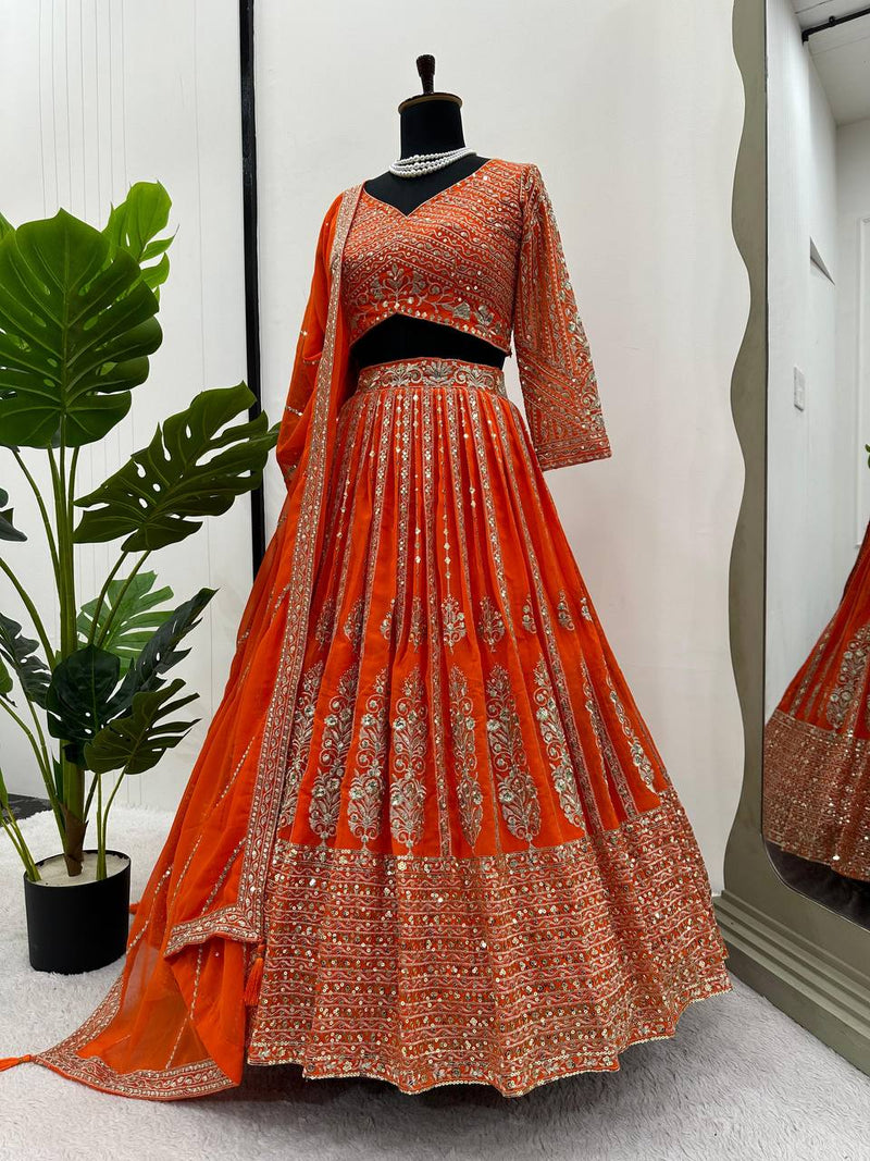 Orange Color Heavy Sequins Work Designer Trendy Lehenga Choli