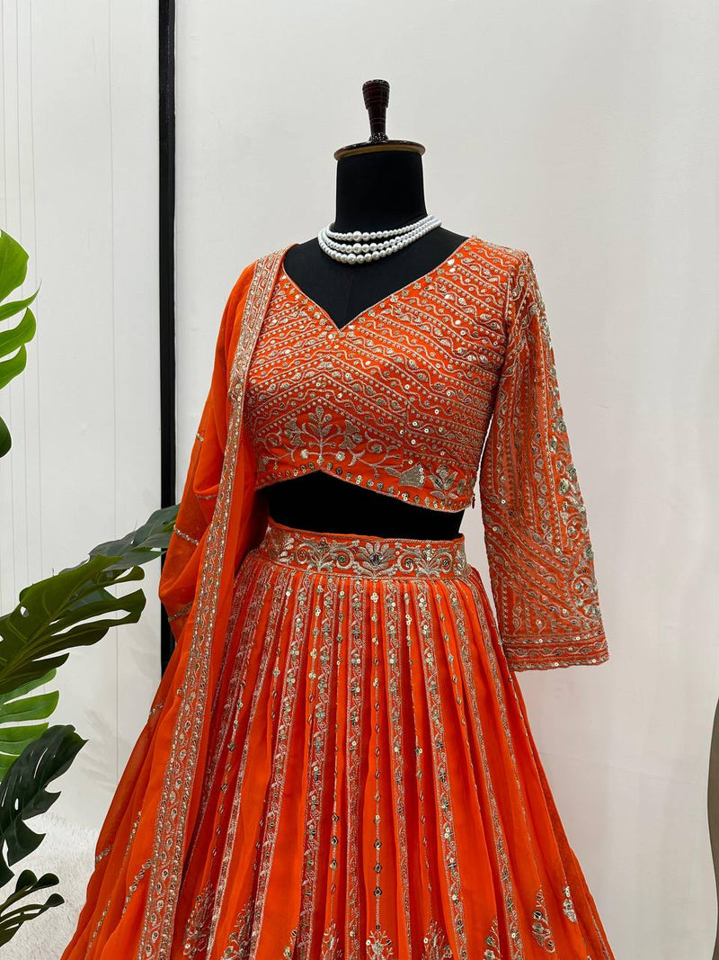 Orange Color Heavy Sequins Work Designer Trendy Lehenga Choli