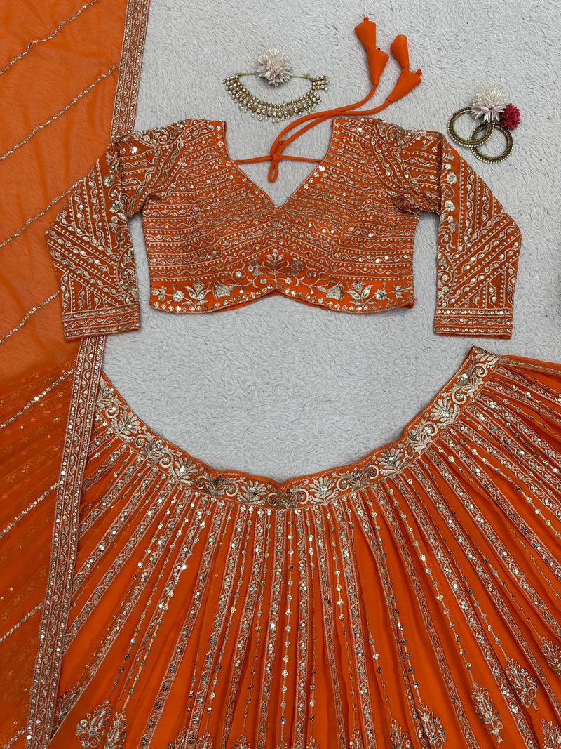 Orange Color Heavy Sequins Work Designer Trendy Lehenga Choli