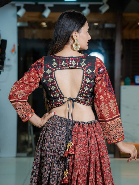 Multi Color Muslin Ajrak Print & Mirror Work Lehenga Choli Set