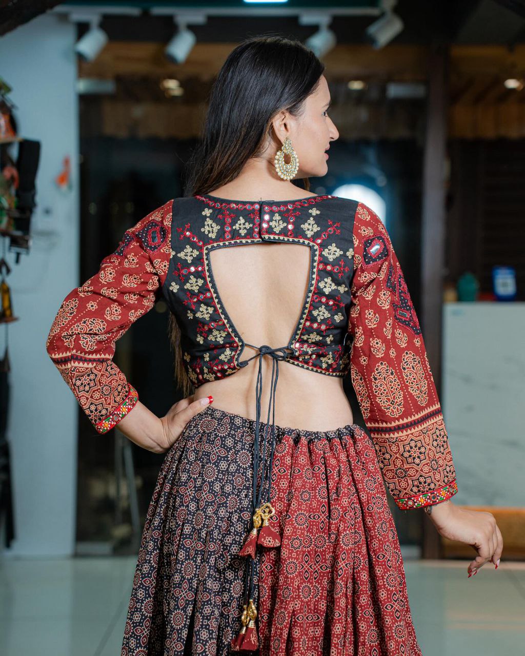 Multi Color Muslin Ajrak Print & Mirror Work Lehenga Choli Set