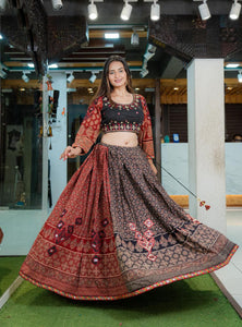 Multi Color Muslin Ajrak Print & Mirror Work Lehenga Choli Set