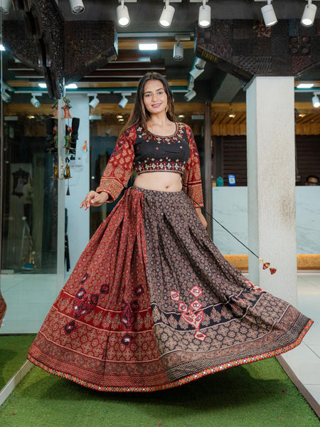 Multi Color Muslin Ajrak Print & Mirror Work Lehenga Choli Set