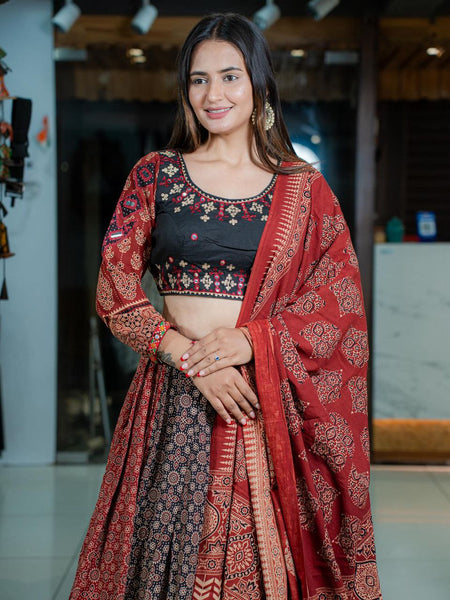Multi Color Muslin Ajrak Print & Mirror Work Lehenga Choli Set