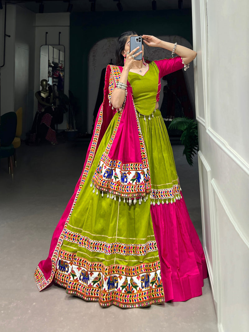 Green & Pink Pure Cotton Gamthi Work With Gotta Patti Touch Lehenga Choli Set