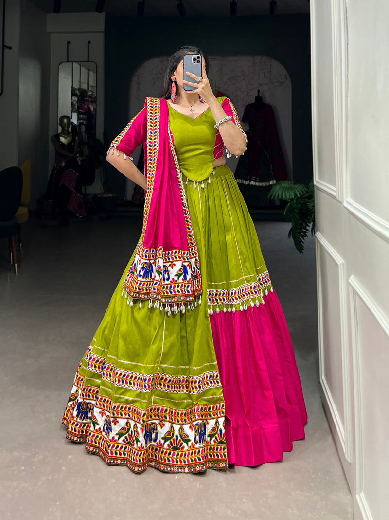 Green & Pink Pure Cotton Gamthi Work With Gotta Patti Touch Lehenga Choli Set