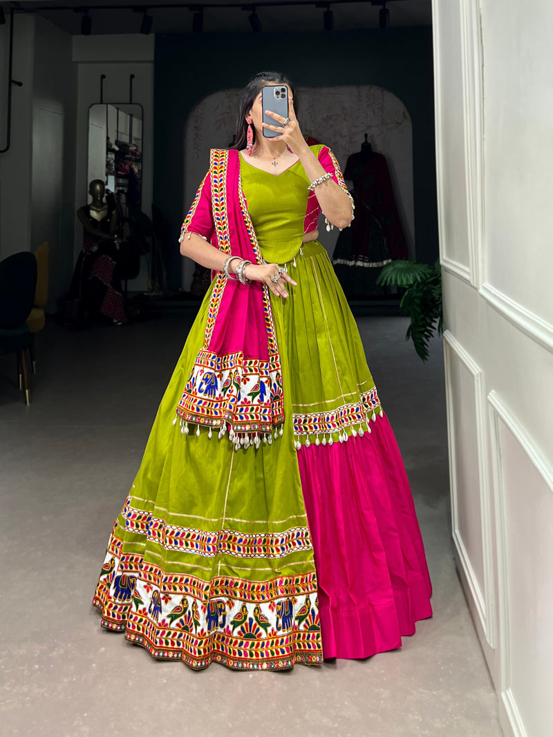 Green & Pink Pure Cotton Gamthi Work With Gotta Patti Touch Lehenga Choli Set