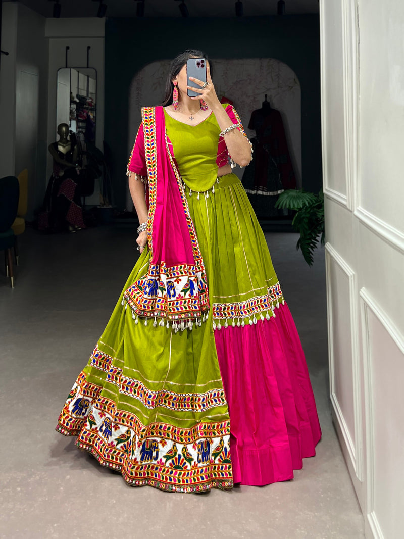 Green & Pink Pure Cotton Gamthi Work With Gotta Patti Touch Lehenga Choli Set