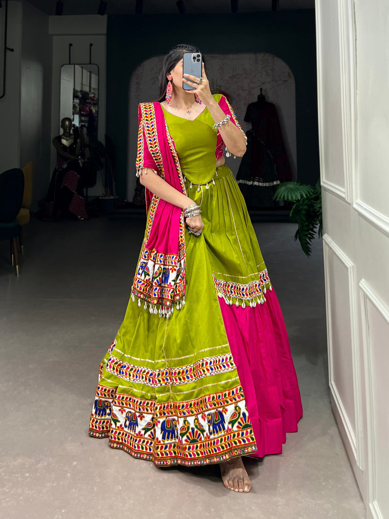 Green & Pink Pure Cotton Gamthi Work With Gotta Patti Touch Lehenga Choli Set