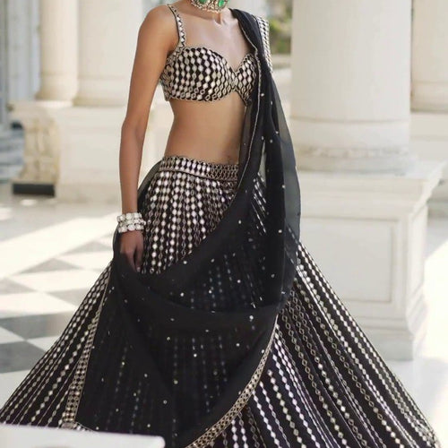 Black Color Embroidered Designer Party Wear Organza Silk Lehenga Choli