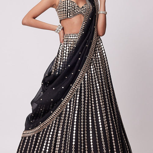 Black Color Embroidered Designer Party Wear Organza Silk Lehenga Choli