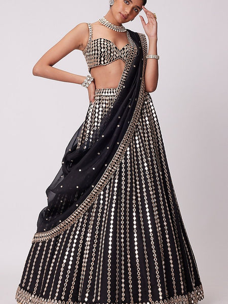 Black Color Embroidered Designer Party Wear Organza Silk Lehenga Choli