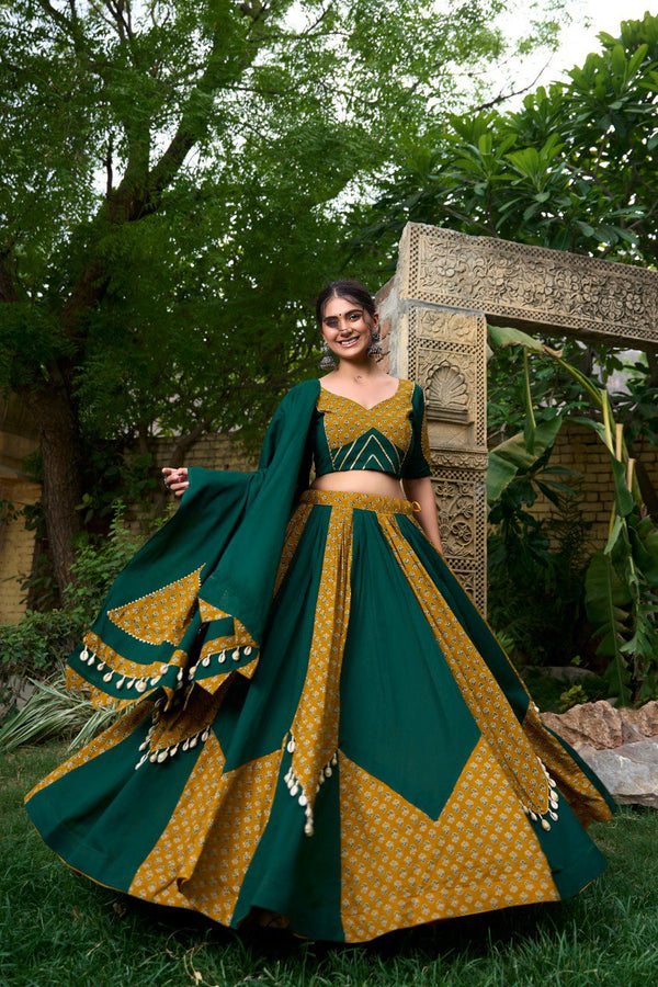 Green Color Pure Cotton With Plain & Printed With Cowrie Lace Work Navratri Special Lehenga Choli Set