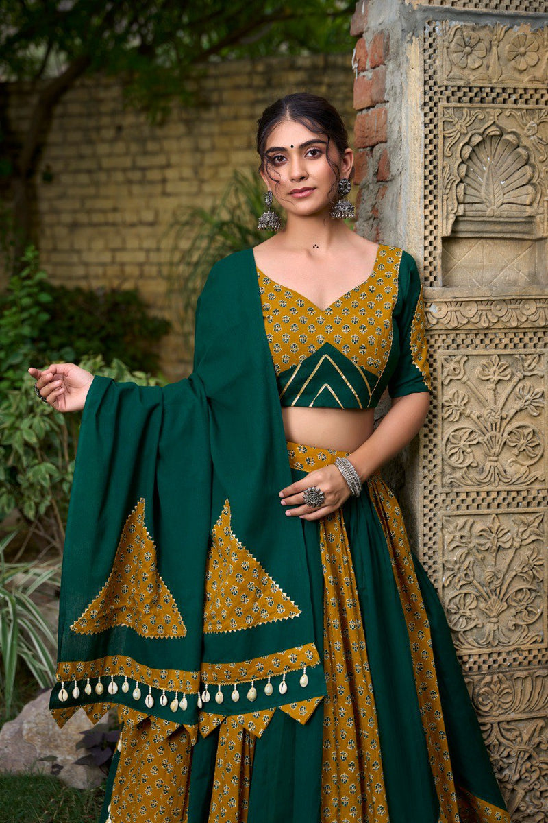 Green Color Pure Cotton With Plain & Printed With Cowrie Lace Work Navratri Special Lehenga Choli Set