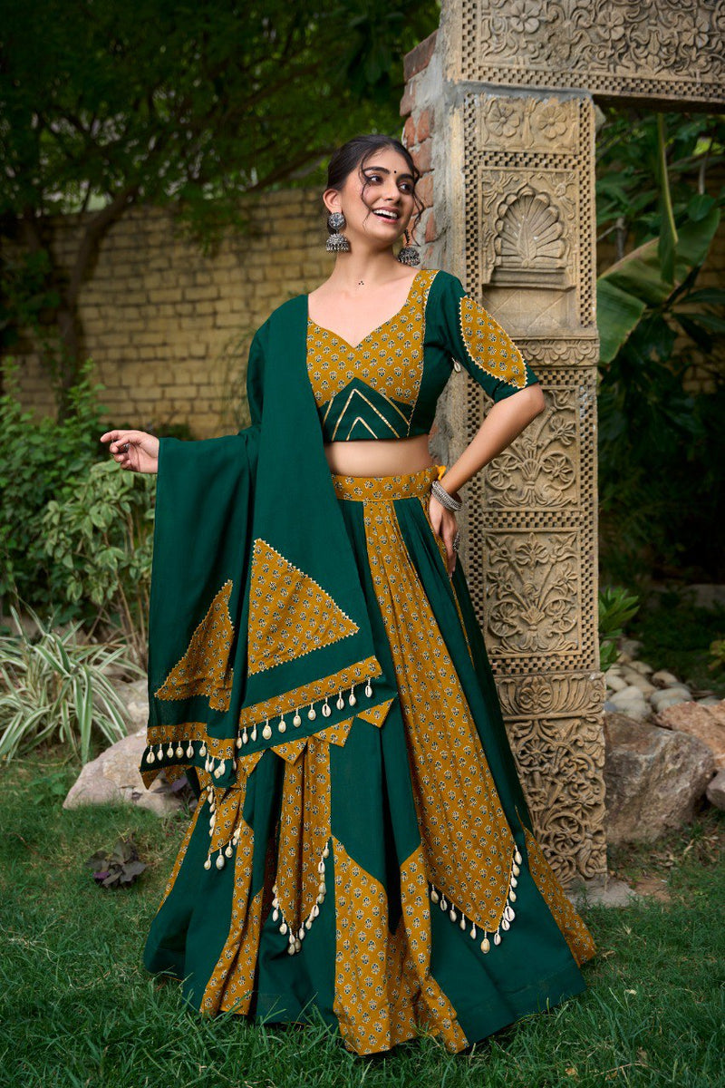 Green Color Pure Cotton With Plain & Printed With Cowrie Lace Work Navratri Special Lehenga Choli Set