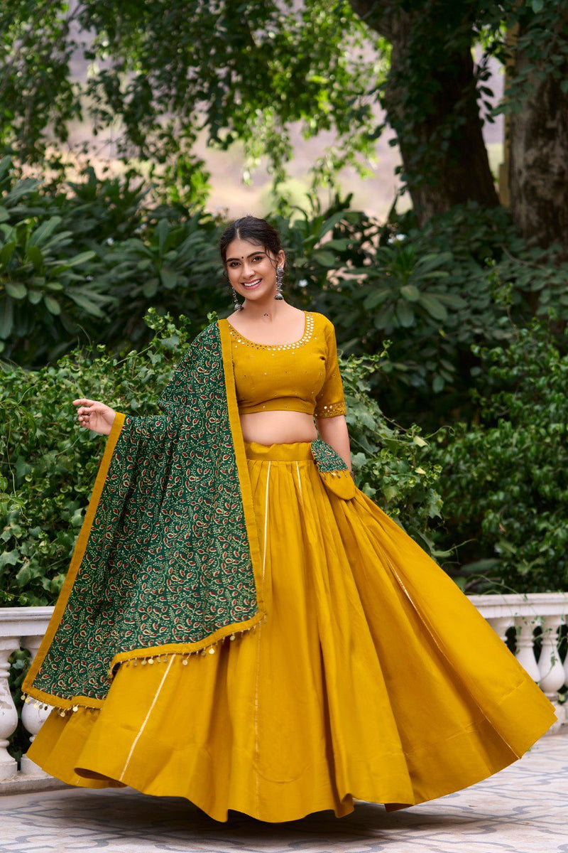 Mustrad Color Pure Cotton With Plain With Gotta Patti  Navratri Special Lehenga Choli Set