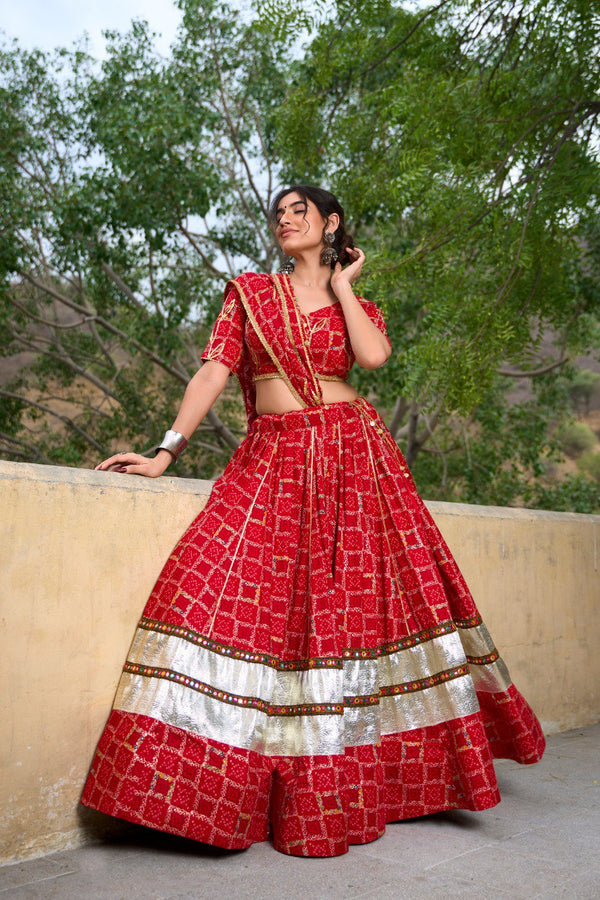 Red Color Pure Rayon Premium  Navratri Lehenga Choli Set with Foil Print And Gotta Patti Work