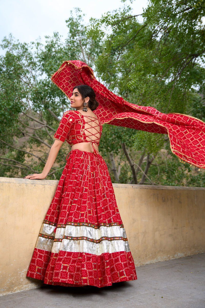 Red Color Pure Rayon Premium  Navratri Lehenga Choli Set with Foil Print And Gotta Patti Work