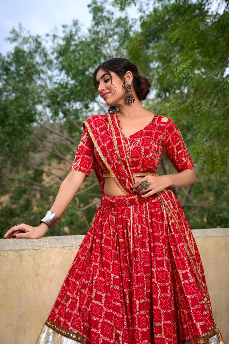 Red Color Pure Rayon Premium  Navratri Lehenga Choli Set with Foil Print And Gotta Patti Work