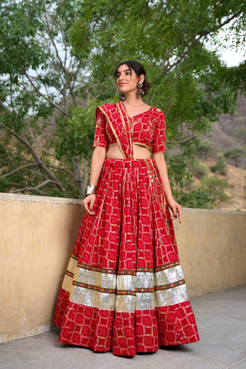 Red Color Pure Rayon Premium  Navratri Lehenga Choli Set with Foil Print And Gotta Patti Work