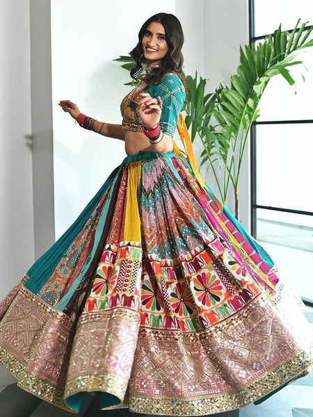 Skyblue Color Digital Printed Mirror Work Navratri Lehenga Choli