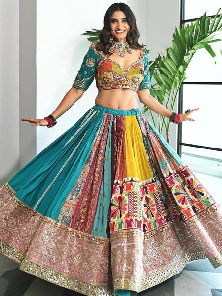 Skyblue Color Digital Printed Mirror Work Navratri Lehenga Choli