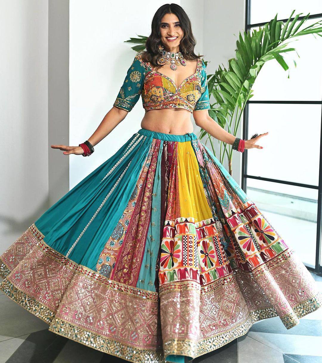 Skyblue Color Digital Printed Mirror Work Navratri Lehenga Choli