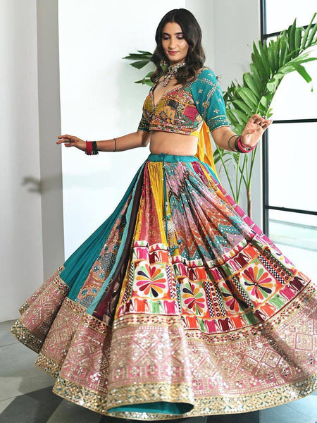 Skyblue Color Digital Printed Mirror Work Navratri Lehenga Choli