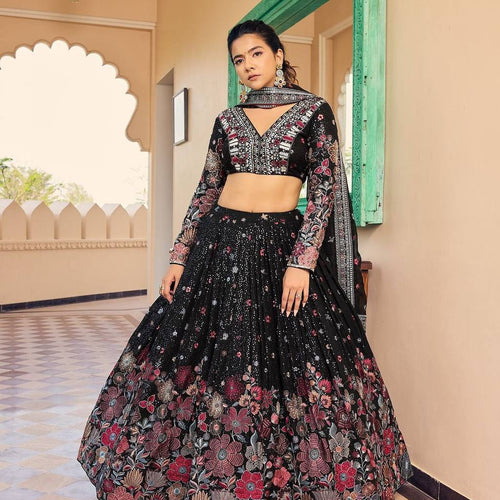 Black Color Heavy Sequins Embroidered Designer Trendy Lehenga Choli