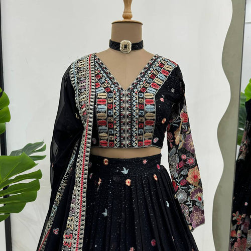 Black Color Heavy Sequins Embroidered Designer Trendy Lehenga Choli