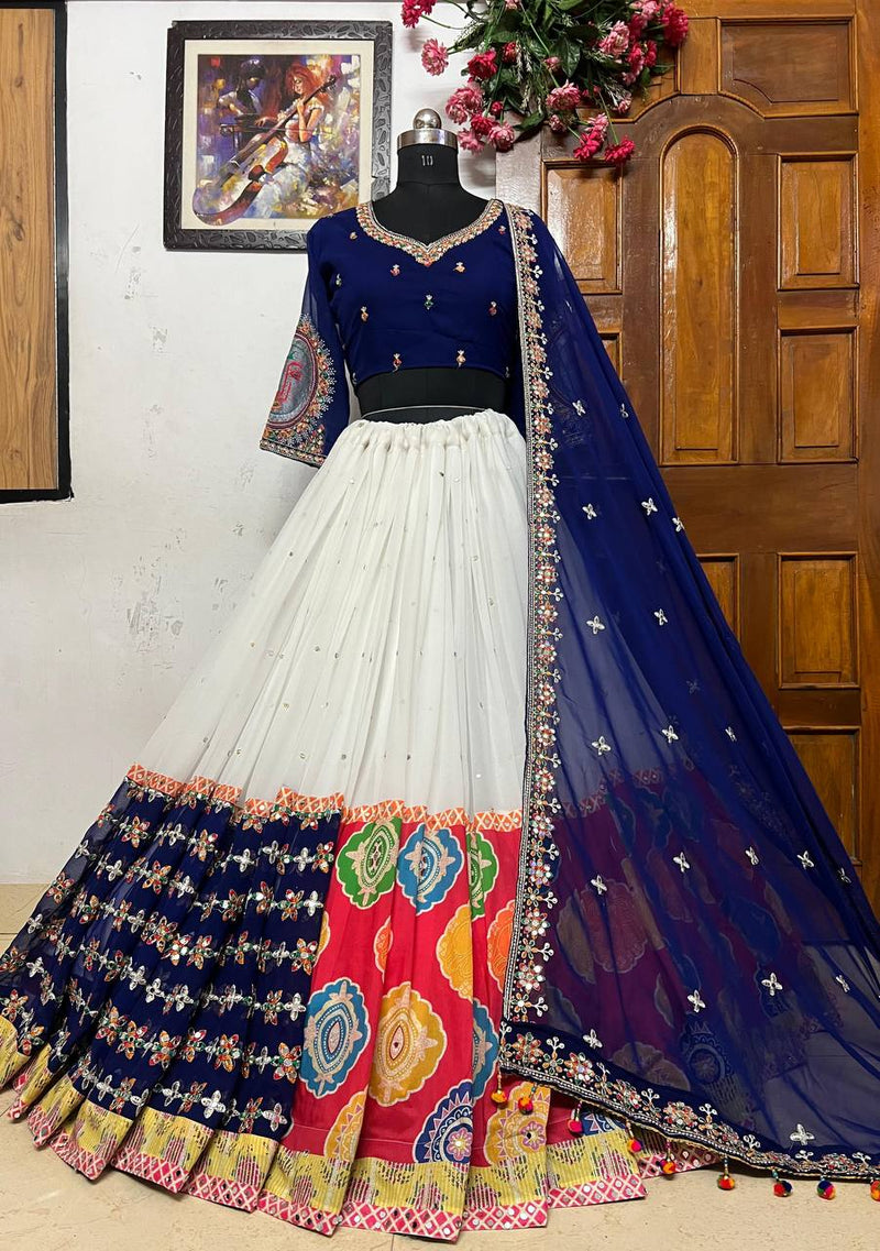 White Color Geeta Rabari Wear Digital Printed Mirror Work Navratri Chaniya Choli