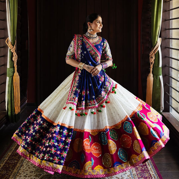 White Color Geeta Rabari Wear Digital Printed Mirror Work Chaniya Choli