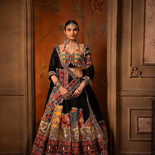 Black Color Digital Printed Mirror Work Chaniya Choli