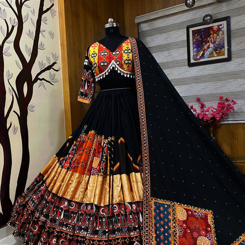 Black Color Digital Printed Mirror Work Chaniya Choli