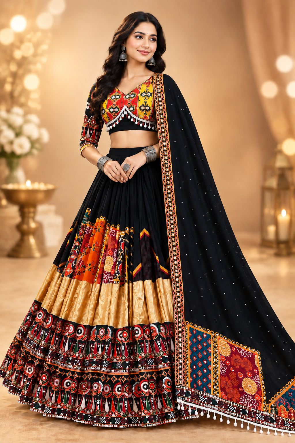 Black Color Digital Printed Mirror Work Chaniya Choli
