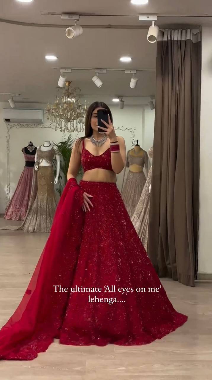 Red Color Hot Looking Designer Sequins Work Trendy Lehenga Choli