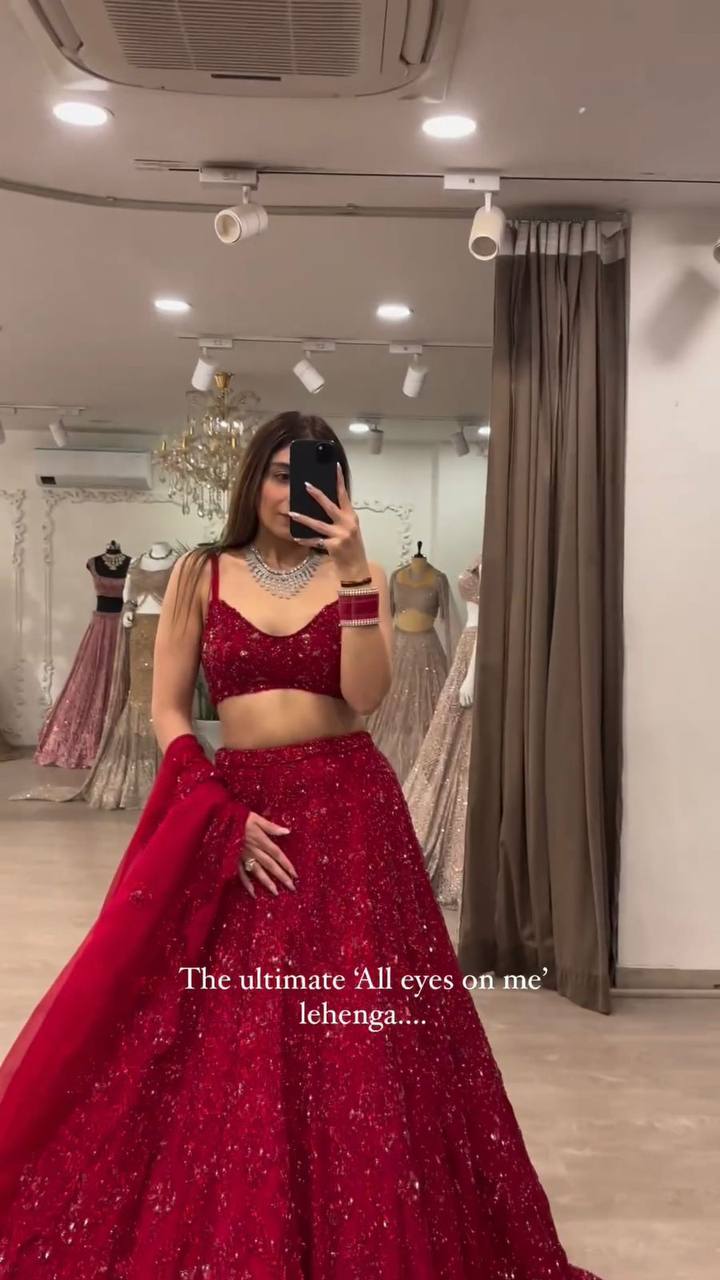 Red Color Hot Looking Designer Sequins Work Trendy Lehenga Choli